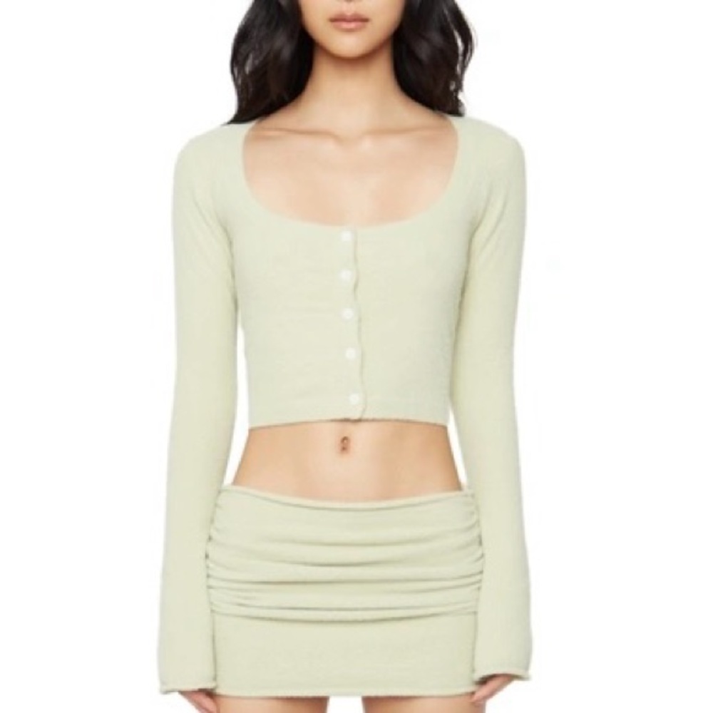 Danielle Guizio Sweet Knit Scoop Cardigan Sweater Top Crop Buttons Fuzzy Green